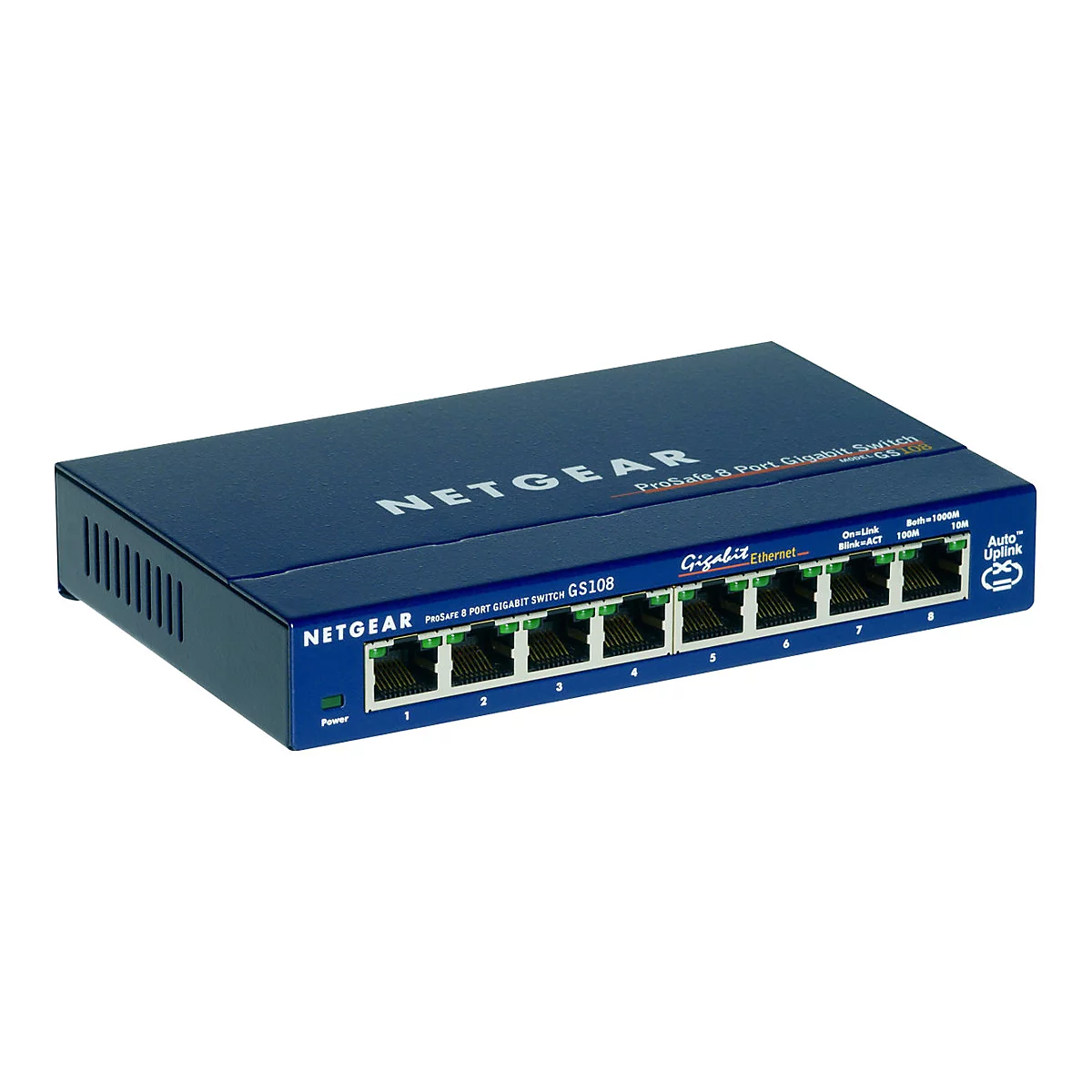 Blauer Netgear ProSafe 8-Port Gigabit Switch GS108 mit acht Ethernet-Anschlüssen. Aufschrift: Gigabit Ethernet.