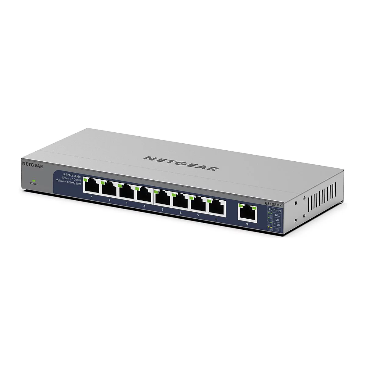 Ein silberfarbener Netgear Netzwerk Switch mit neun Ports. Auf der Oberseite steht "NETGEAR". Die Ports sind durch Nummern gekennzeichnet.