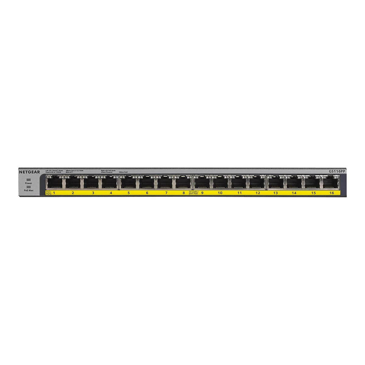 Ein grauer Netzwerk-Switch mit 16 Ports, die mit Nummern versehen sind. Das NETGEAR Logo ist oben links. Der Switch hat verschiedene LED-Anzeigen und Textbeschriftungen.