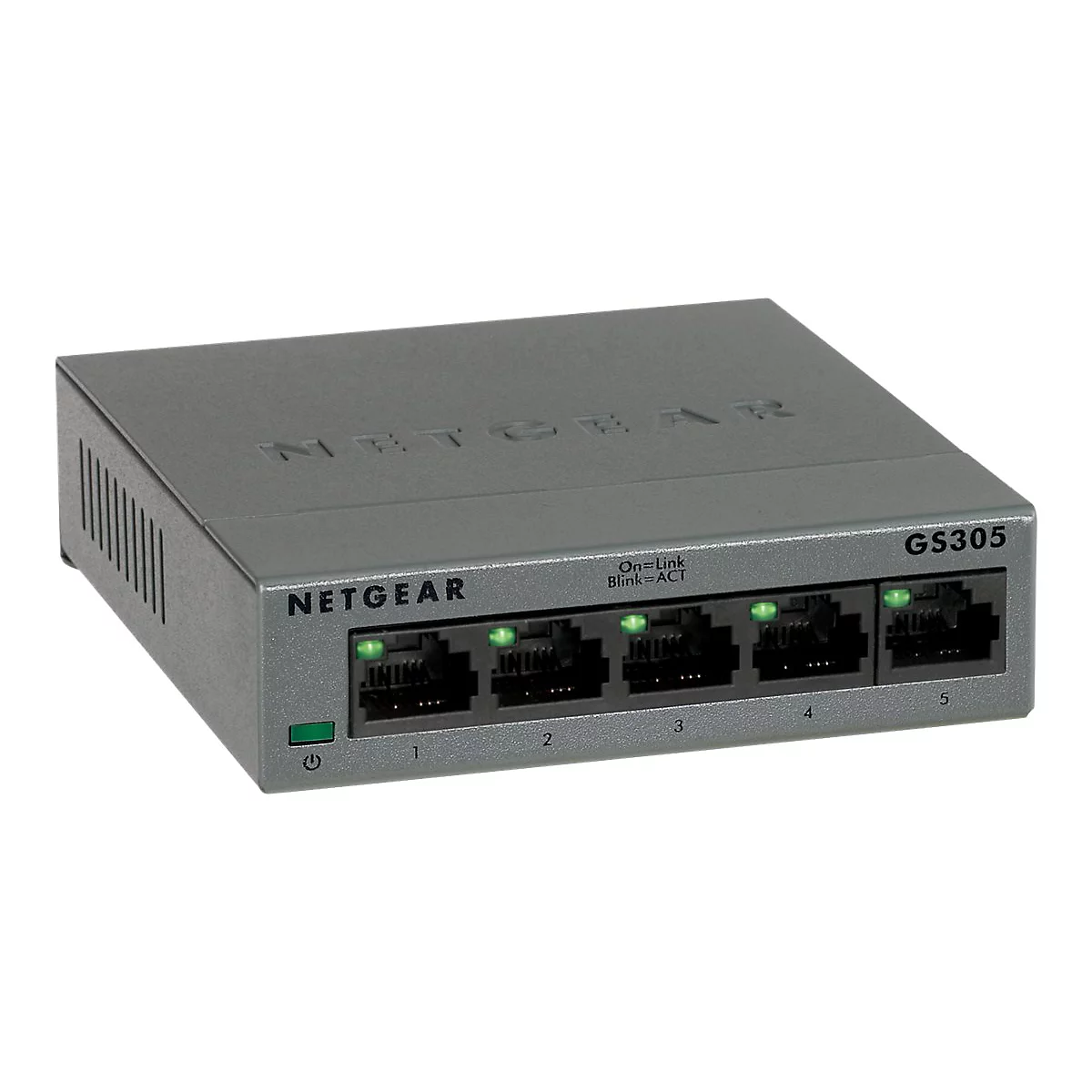 Commutateur réseau gris Netgear GS305 avec cinq ports et des LED vertes. Netgear est écrit en haut.