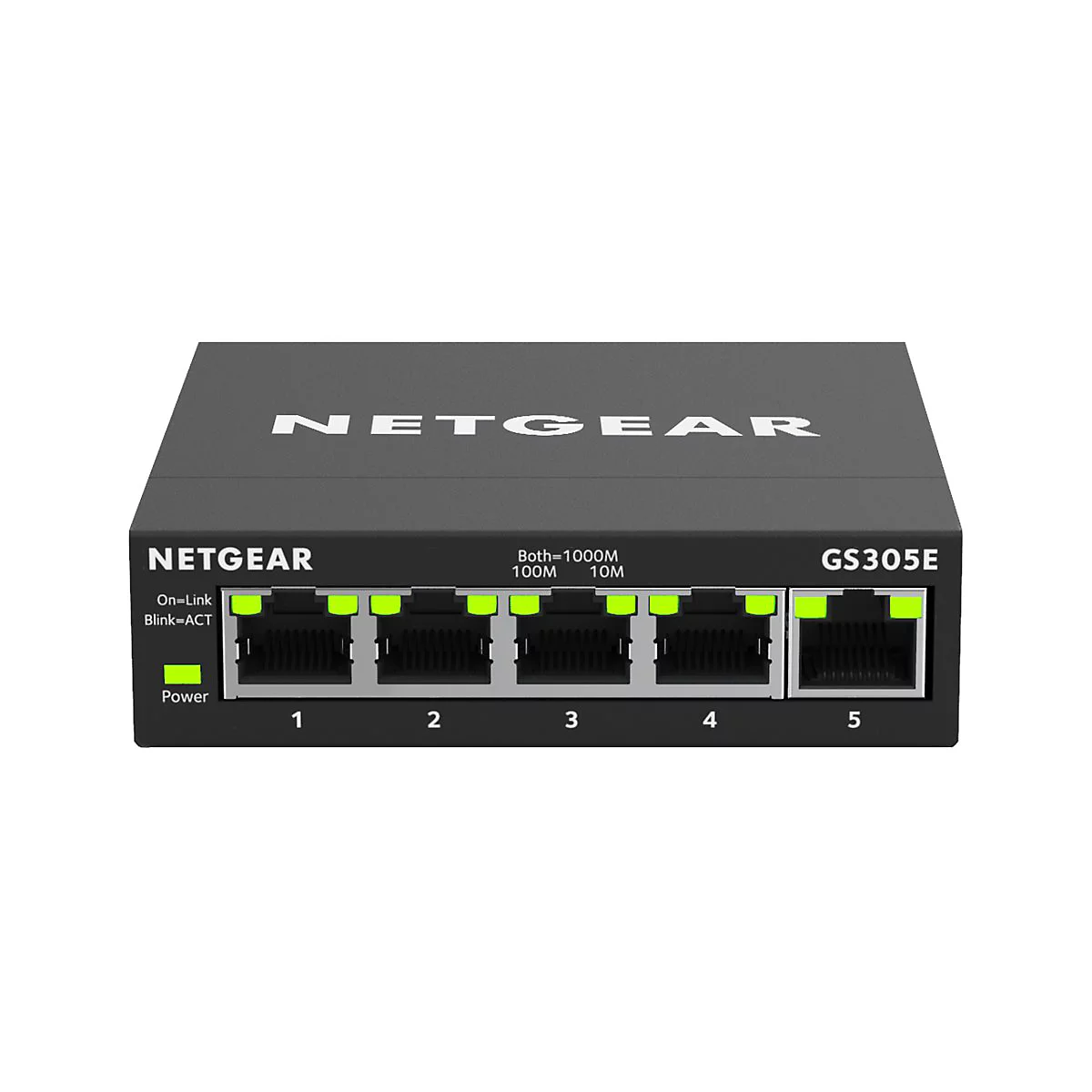 Un commutateur Netgear noir avec cinq ports. Texte: Netgear, GS305E.