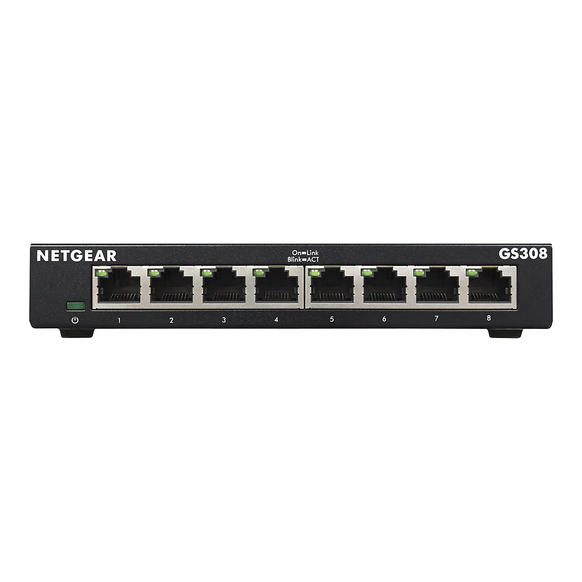 Un commutateur Netgear GS308 noir avec huit ports, sur fond blanc. Les ports sont numérotés en haut. Le mot NETGEAR est à gauche et GS308 à droite.