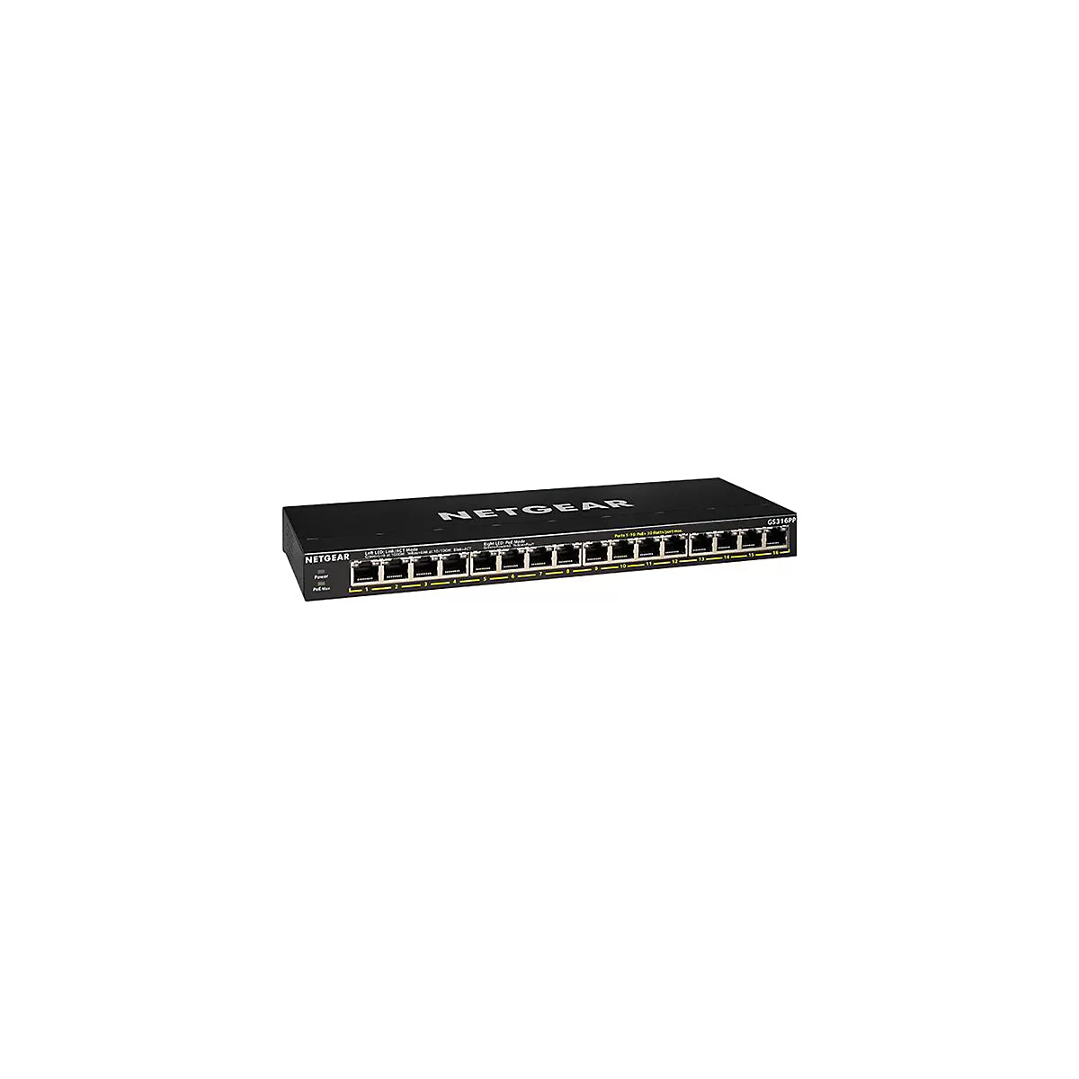 Commutateur réseau noir, NETGEAR GS316PP. Il comporte plusieurs ports, des indicateurs LED et des étiquettes de produit.