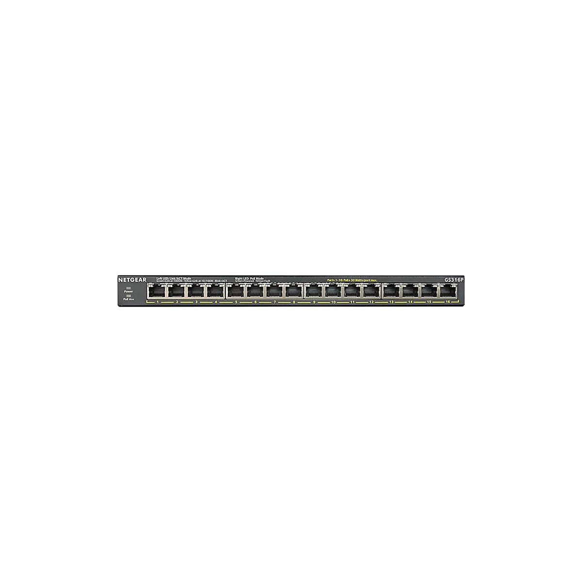 Un commutateur Netgear GS316P noir avec 16 ports, des étiquettes et des LED. Des détails techniques sont imprimés dessus.