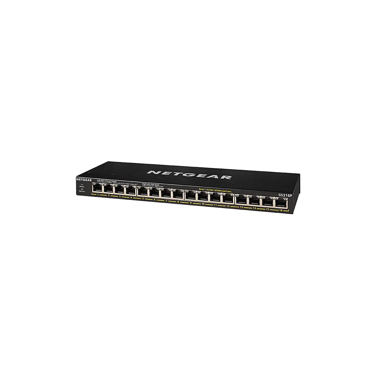 Commutateur réseau noir avec 16 ports, lettrage "NETGEAR".