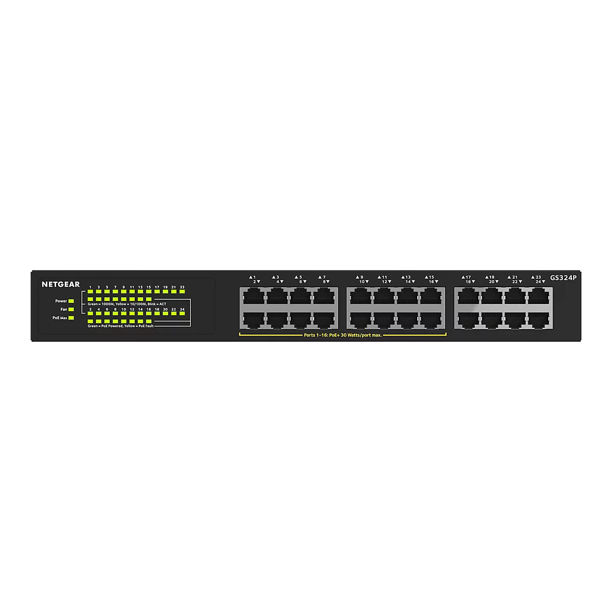 NETGEAR GS324P - Switch - unmanaged - 16 x 10/100/1000 (PoE+) + 8 x 10/100/1000 - an Rack montierbar, Desktop - PoE+ (190 W)