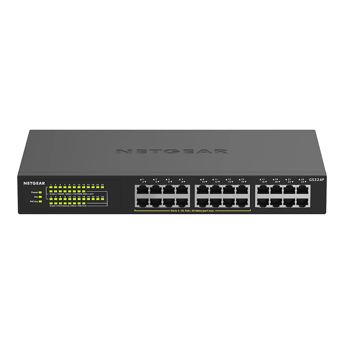 NETGEAR GS324P - Switch - unmanaged - 16 x 10/100/1000 (PoE+) + 8 x 10/100/1000 - an Rack montierbar, Desktop - PoE+ (190 W)