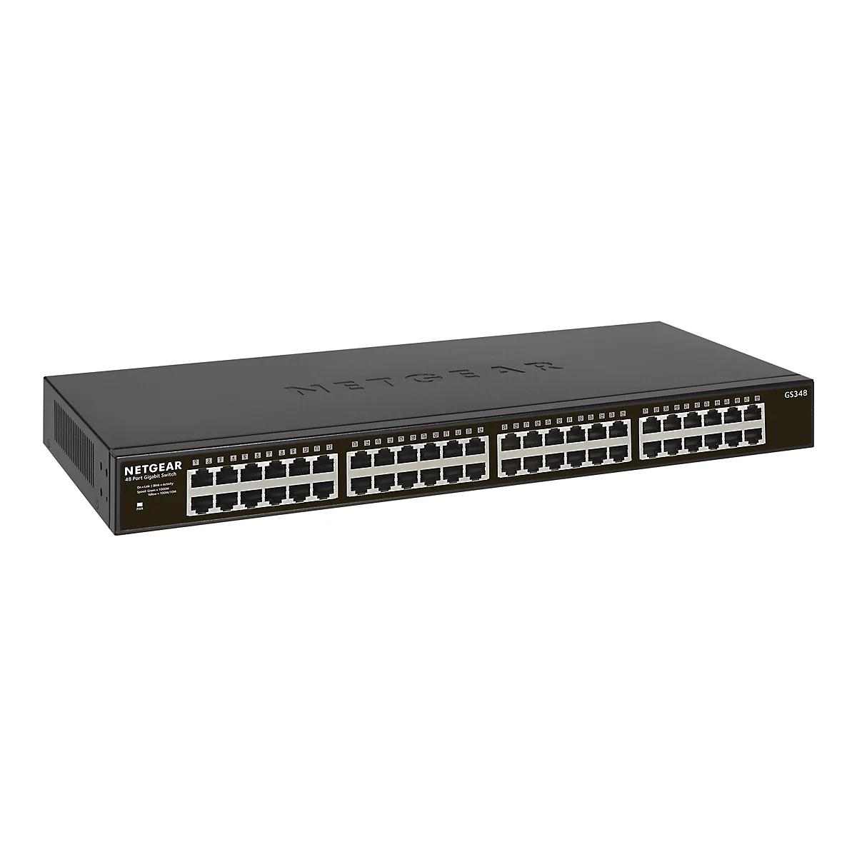 Un commutateur Netgear GS348 noir avec 48 ports sur fond blanc. Le commutateur dispose de plusieurs ports pour les connexions réseau.