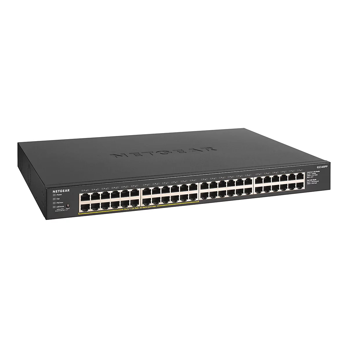 NETGEAR GS348PP - Switch - unmanaged - 48 x 10/100/1000 (24 PoE+) - Desktop, an Rack montierbar - PoE+ (380 W)