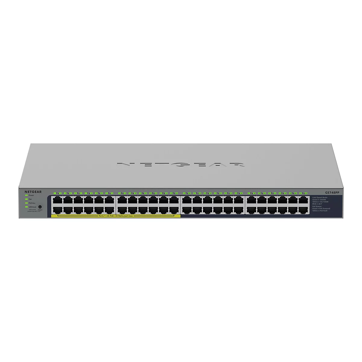 Grauer Switch von Netgear mit vielen Anschlüssen. Auf der Oberseite steht 'NETGEAR'. LED-Anzeigen und ein gelber Bereich für Anschlüsse.
