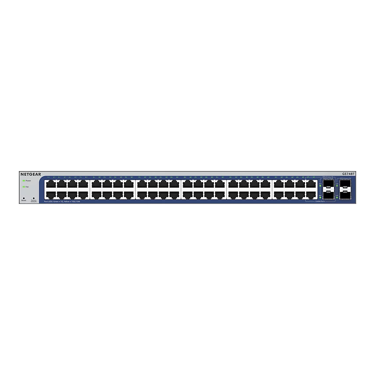 Ein schwarzer NETGEAR GS748T Switch mit vielen Ports und Kontrollleuchten, auf weißem Hintergrund.