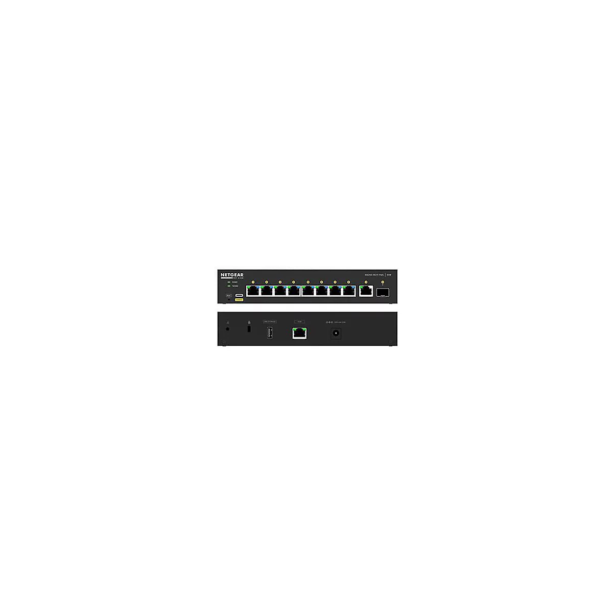 Routeur Netgear noir avec emplacements et ports. Haut : lumières, ports LAN. Bas : USB, port Ethernet et port d'alimentation.