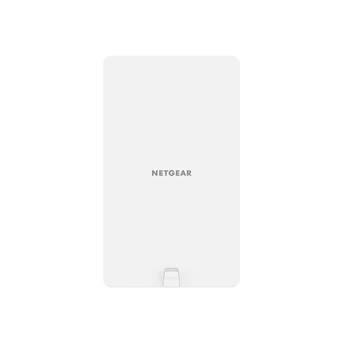 Rechteckiges weißes Gerät mit abgerundeten Ecken. Der Schriftzug NETGEAR ist mittig angebracht. Am unteren Rand ist eine kleine Aussparung zu sehen.