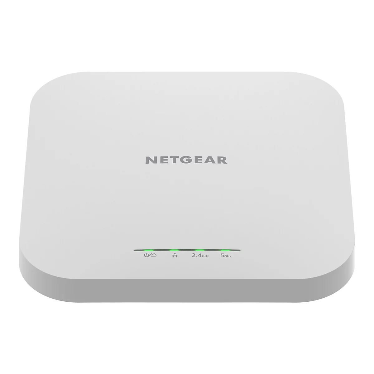 Ein weißes, quadratisches Netgear-WLAN-Gerät, abgerundete Ecken, grüne LED-Anzeige.