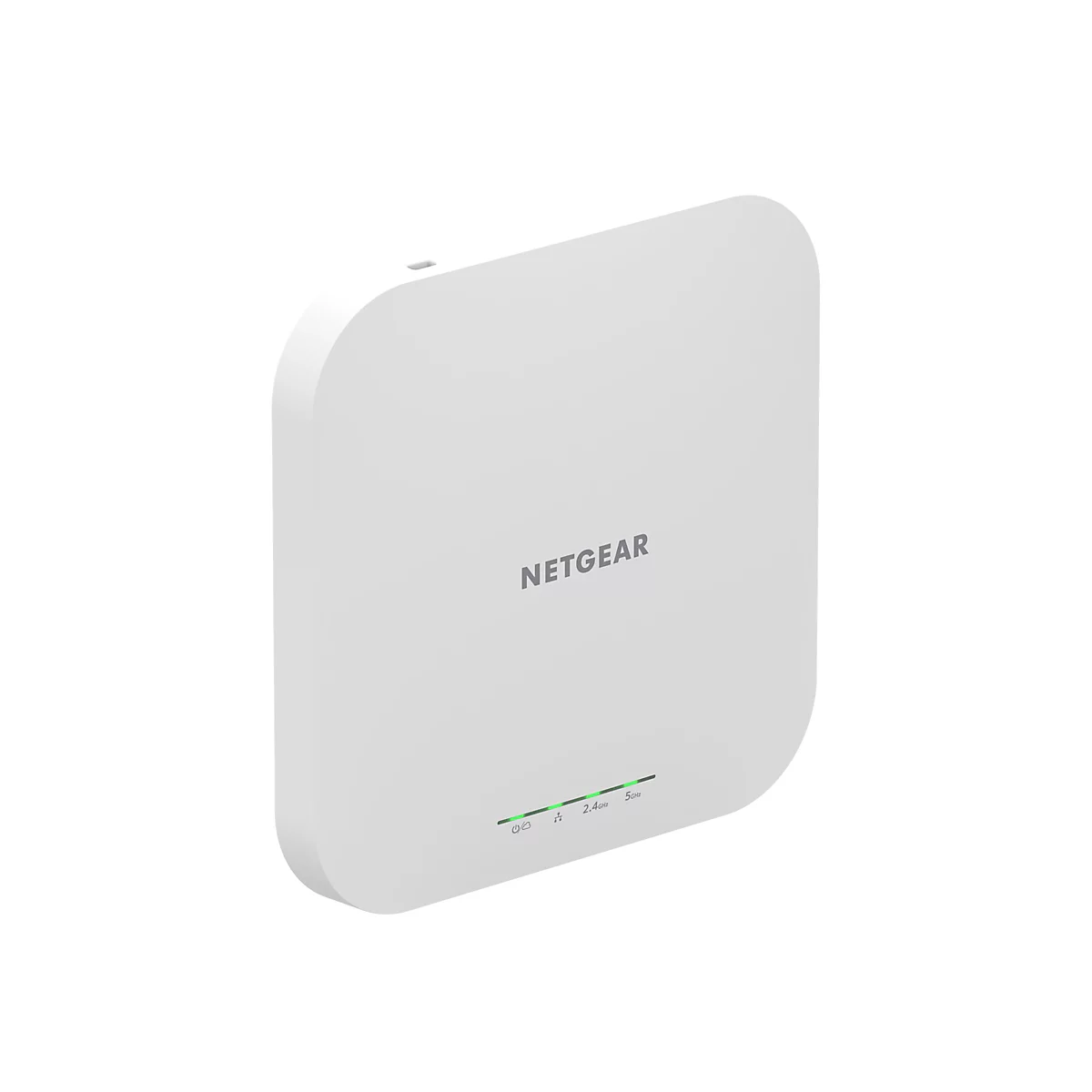 Ein weißer, abgerundeter WLAN-Router der Marke NETGEAR mit grünen Kontrollleuchten.