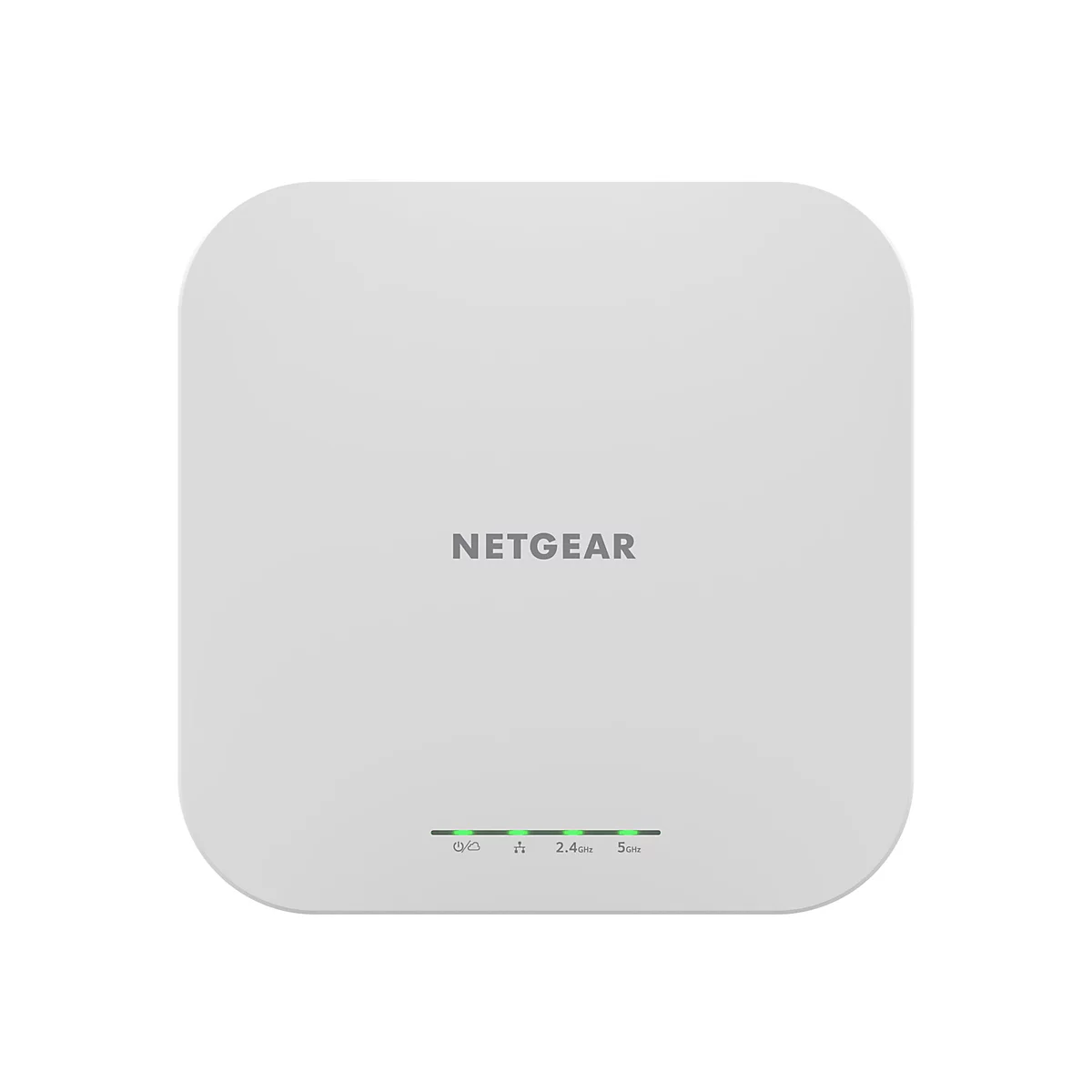 Grauer NETGEAR Access Point vor weißem Hintergrund. Oberhalb der Leuchtdioden-Reihe ist der Markenname zu lesen.