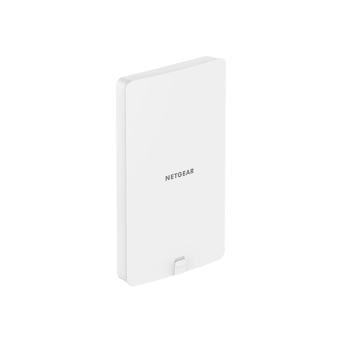 Ein weißes, rechteckiges Gerät mit der Aufschrift "NETGEAR" ist vor weißem Hintergrund abgebildet. Am unteren Ende befindet sich ein kleiner, rechteckiger Vorsprung.