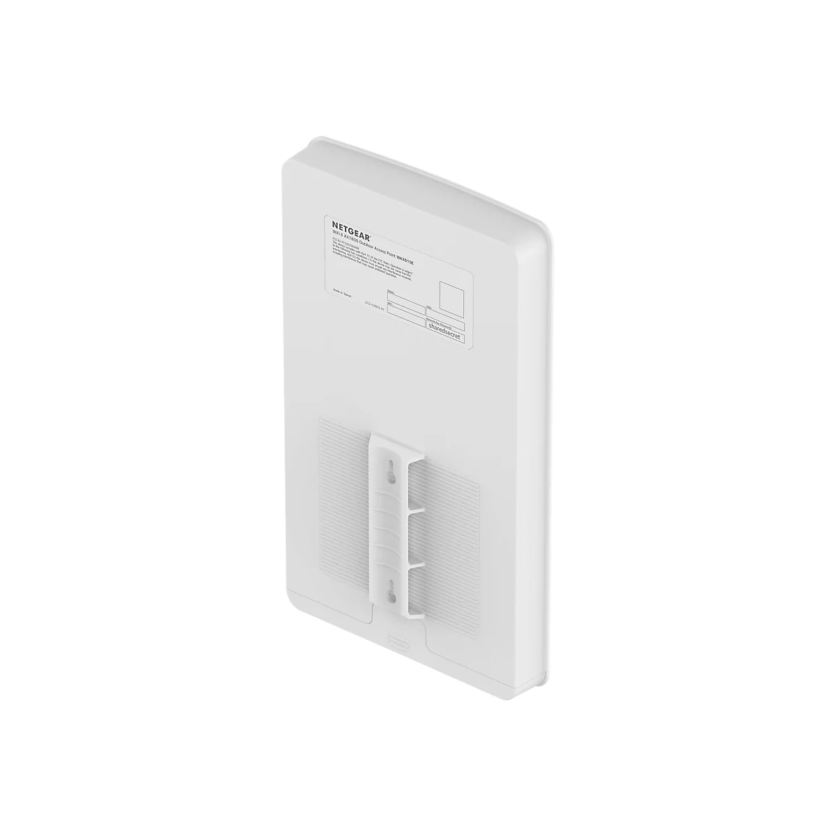 Ein weißer Netgear WiFi 6 AX1800 Outdoor Access Point. Auf der Rückseite sind Produktinformationen und ein Halterungssystem zu sehen.