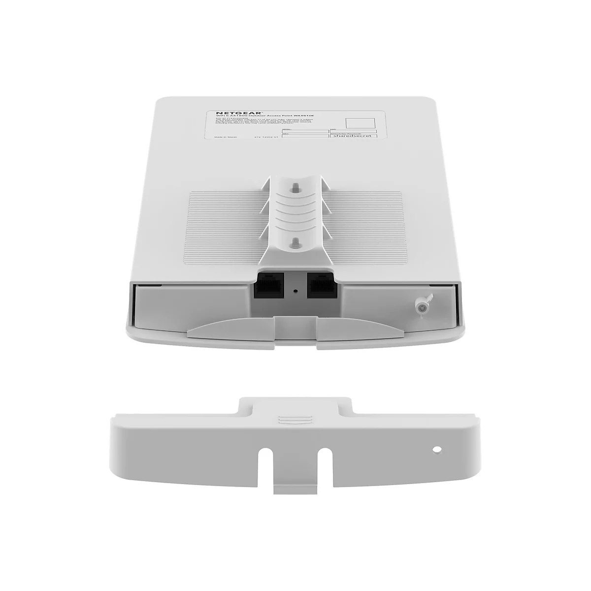 Draufsicht auf einen weißen NETGEAR-Außen-Access-Point mit seitlichem Wandhalterungsteil.