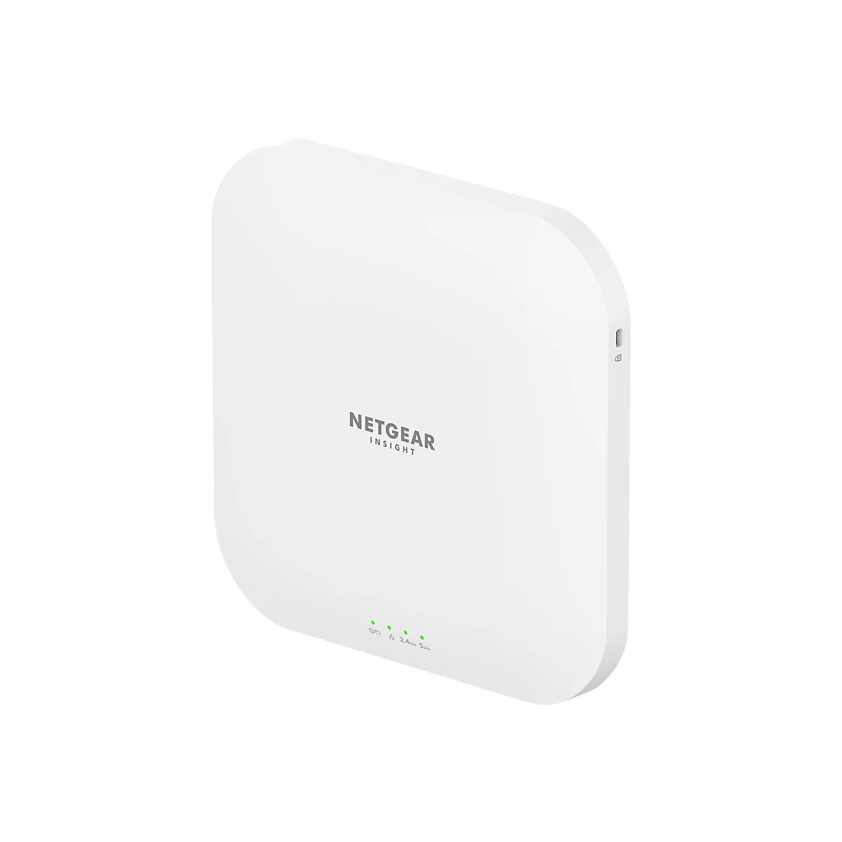 Ein weißes Netgear Insight Access Point-Gerät mit grün leuchtenden LEDs; Schriftzug "NETGEAR INSIGHT".