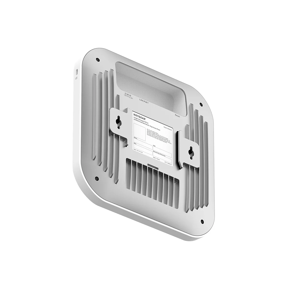 Ein weißes Netgear Insight Managed WiFi 6 Access Point von hinten, mit Details wie Anschlüssen und Etiketten.