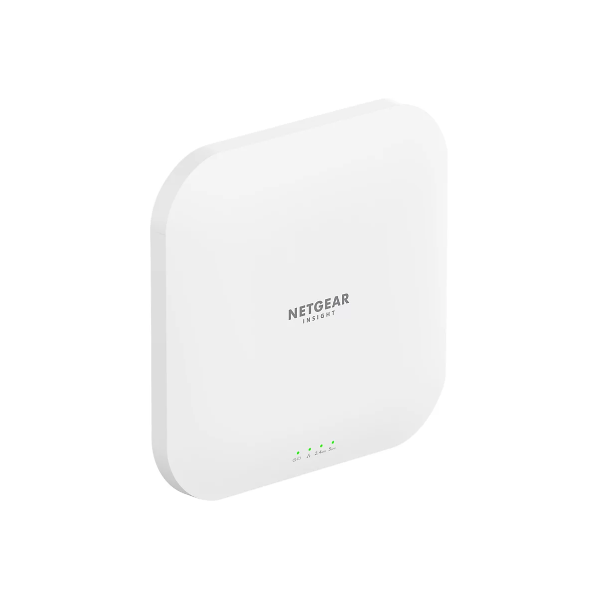 Ein weißer, rechteckiger WLAN-Access-Point mit abgerundeten Ecken, Markenlogo NETGEAR INSIGHT und grünen LEDs.