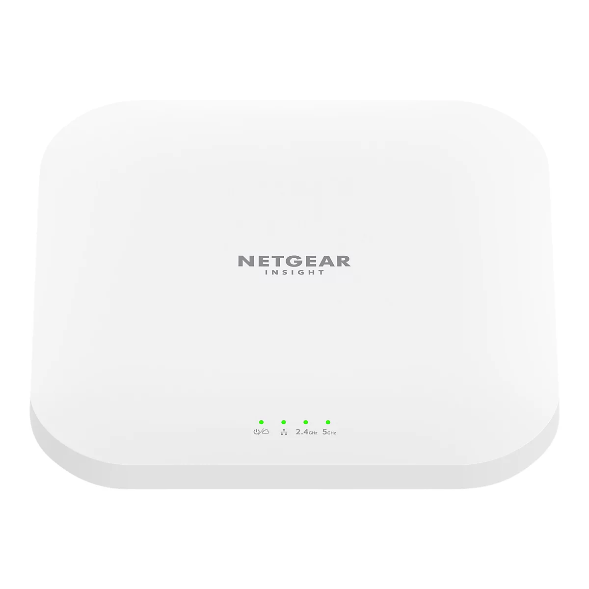 Ein weißes, abgerundetes Rechteck, NETGEAR INSIGHT, 3 grüne Leuchten, 2.4GHz, 5GHz.