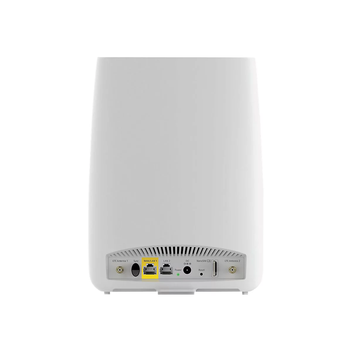 RÃ¼ckseite eines weiÃŸen Routers mit AnschlÃ¼ssen wie LAN und USB.