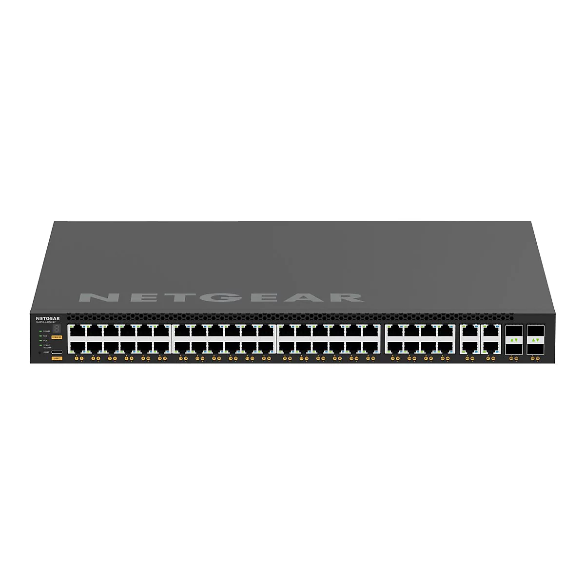 Ein schwarzer Netgear-Switch mit vielen Netzwerkanschlüssen. Der Schriftzug "NETGEAR" ist auf der Oberseite zu sehen.