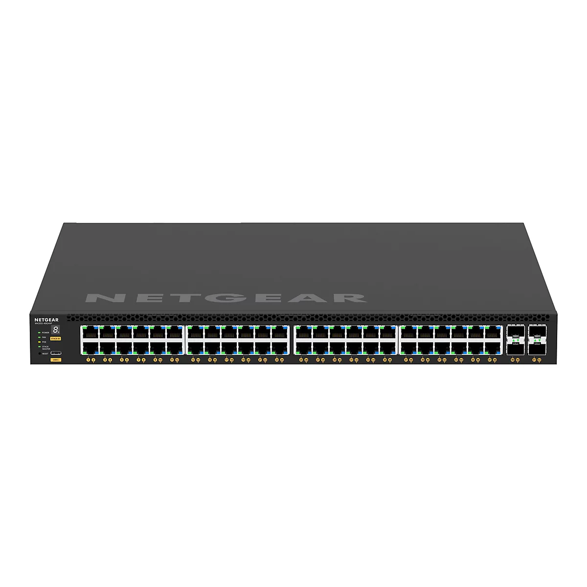 Ein schwarzer Netgear-Switch mit mehreren Ports und Leuchten. Oben steht der Name NETGEAR, unten links befinden sich Leuchten und ein Logo.