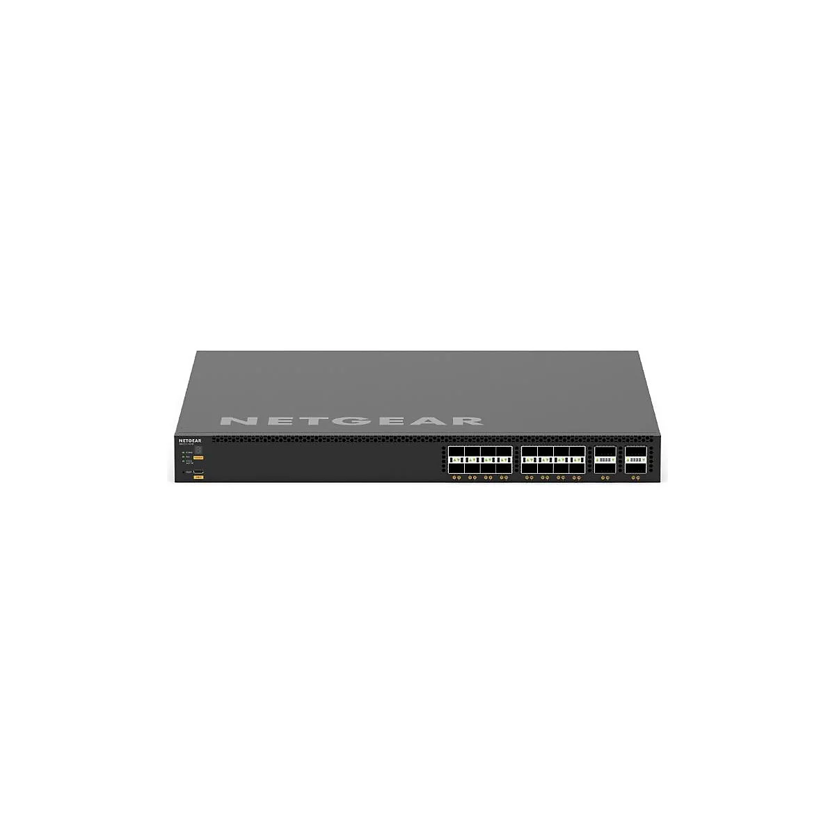 Ein schwarzer Netgear-Switch mit Ports, Schriftzug 'NETGEAR' und LED-Anzeigen. Gezeigt vor weißem Hintergrund.