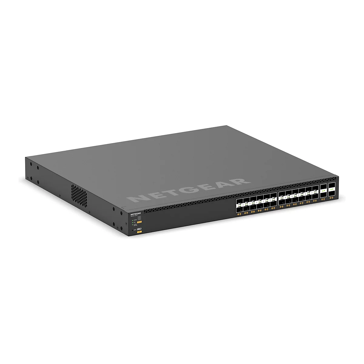 Ein schwarzer Netgear Netzwerk-Switch, mit mehreren Anschlüssen, vor weißem Hintergrund.