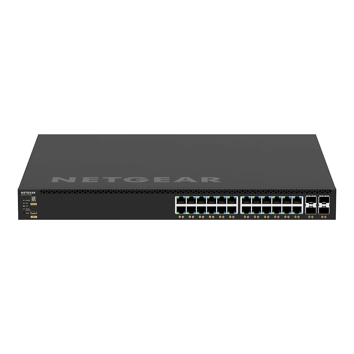 Ein schwarzer Netgear-Switch mit zahlreichen Anschlüssen und LED-Anzeigen, umgeben von einem weißen Hintergrund.