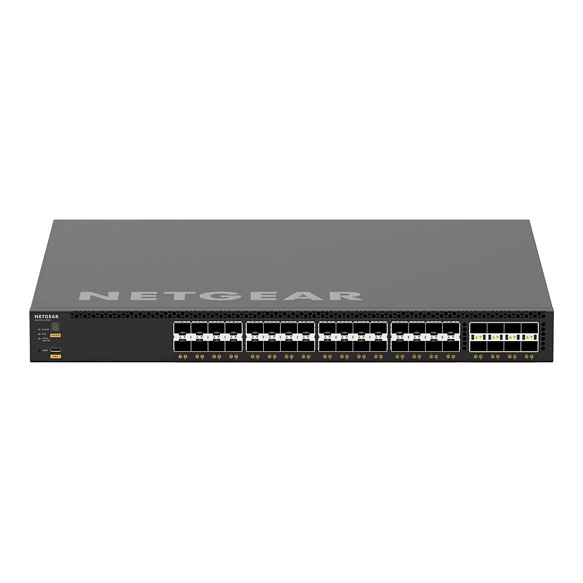Ein schwarzer Netzwerk-Switch der Marke Netgear. Auf der Front sind zahlreiche Ports und Anzeigen zu sehen.