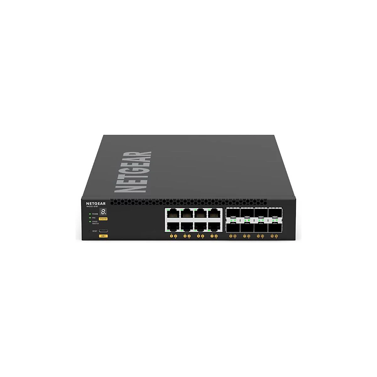 Schwarzer Netzwerk-Switch, Marke Netgear, mit Anschlüssen und LEDs.