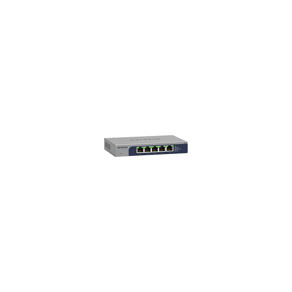 Ein grauer Netgear-Switch mit fünf Ports und grünen Anschlüssen.