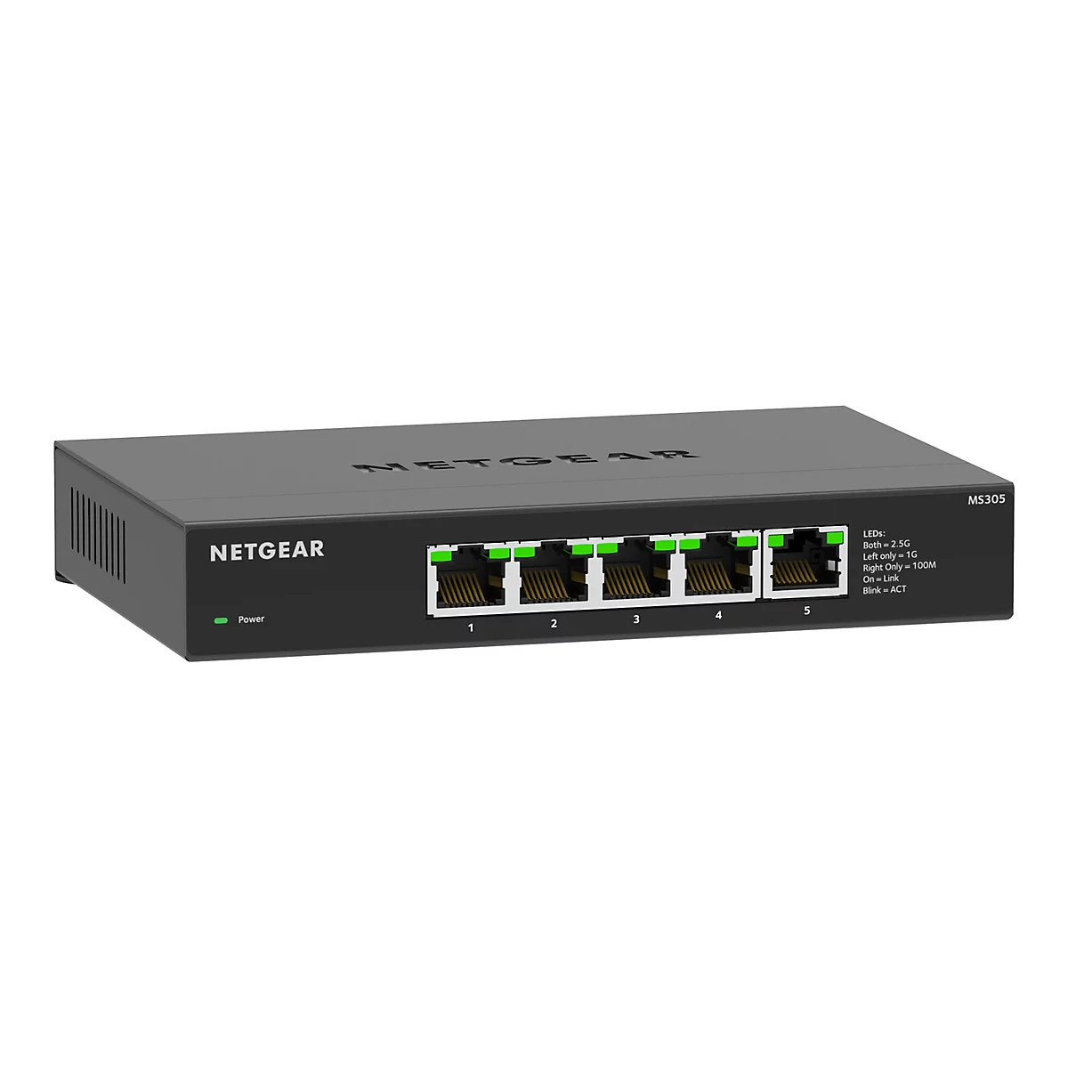 Ein grauer Netzwerk-Switch von Netgear. Er hat 5 Anschlüsse und LED-Anzeigen. Der Switch trägt die Bezeichnung MS305.