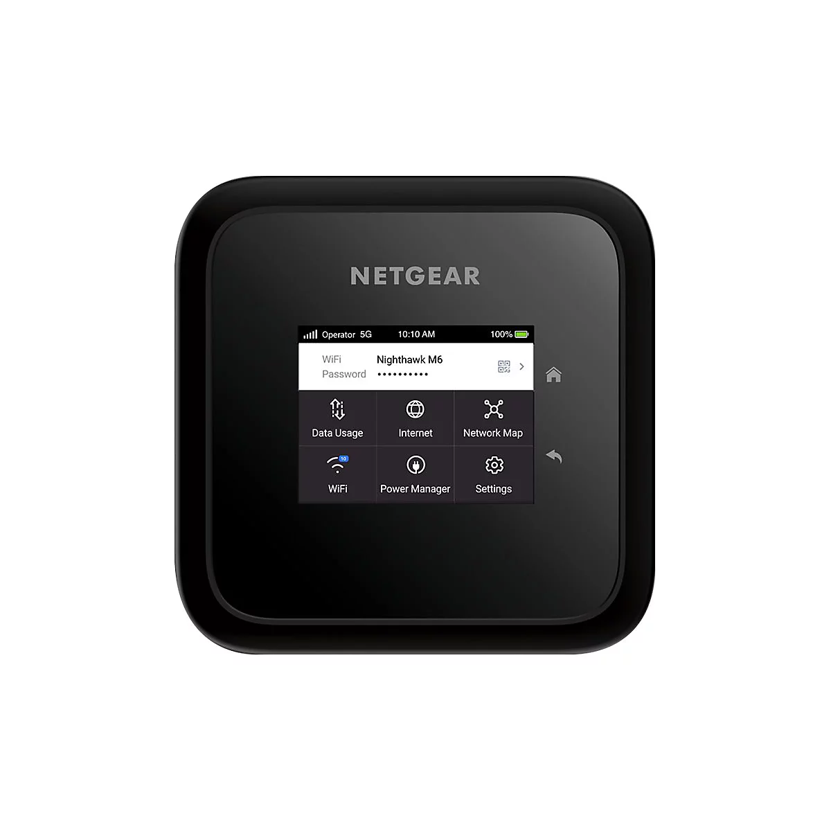 Schwarzer Netgear Nighthawk M6 Router mit Display, Anzeige von WLAN-Namen, Passwort, Signalstärke, Uhrzeit und weiteren Funktionen.