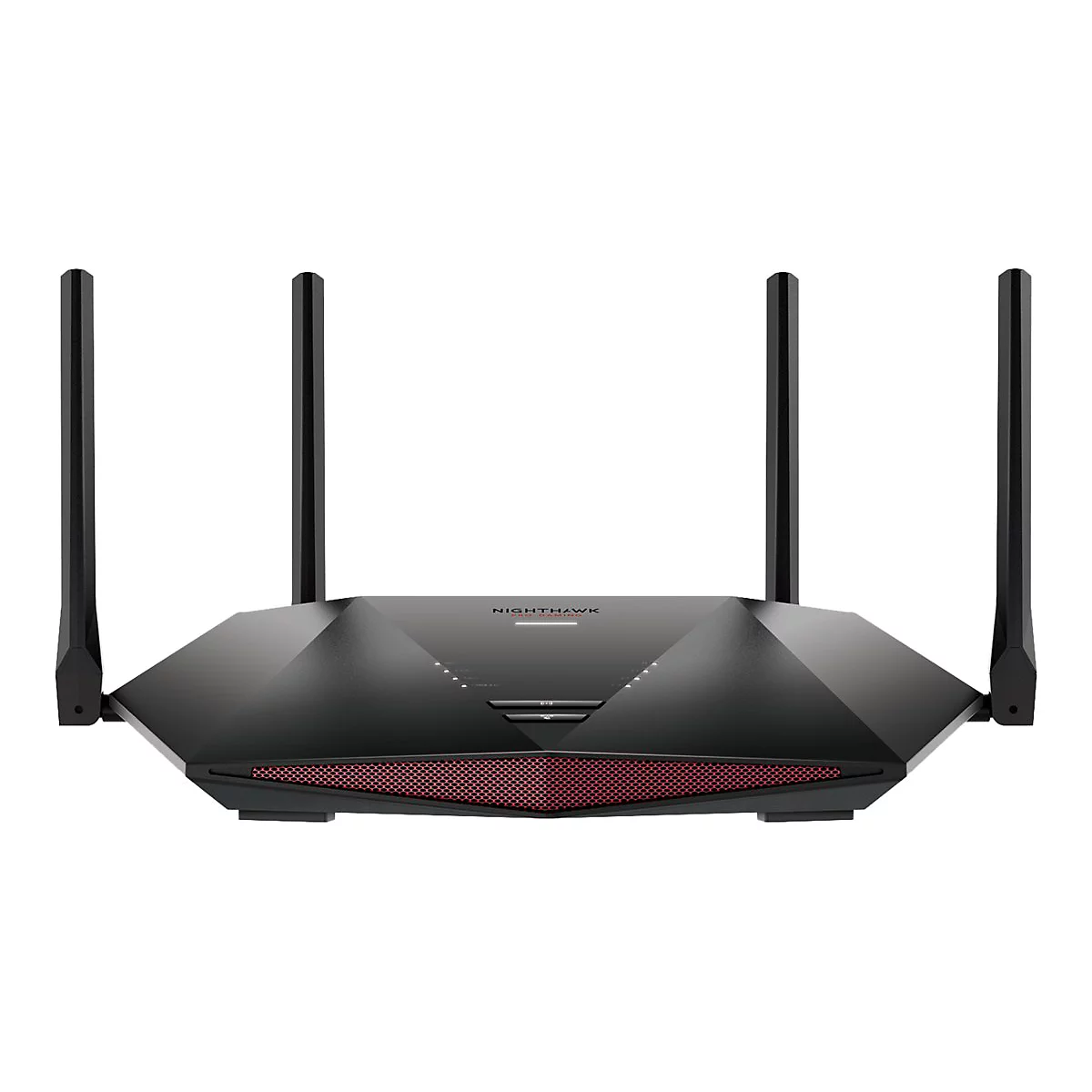 Schwarzer Router mit vier Antennen auf weiÃŸem Hintergrund. Unten rotes Gitter.