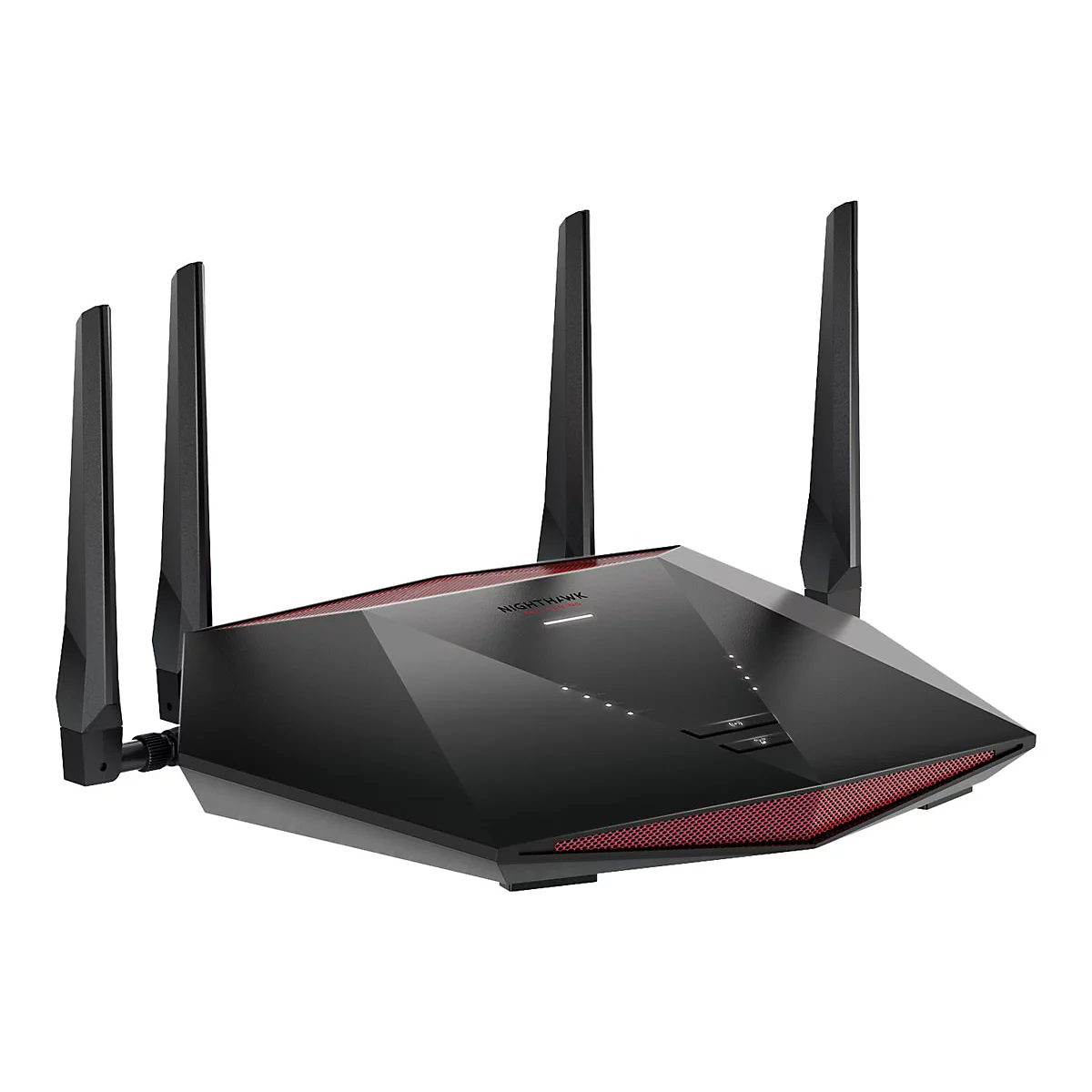Schwarzer Router mit vier Antennen, roter Zierleiste und Statusanzeigen.