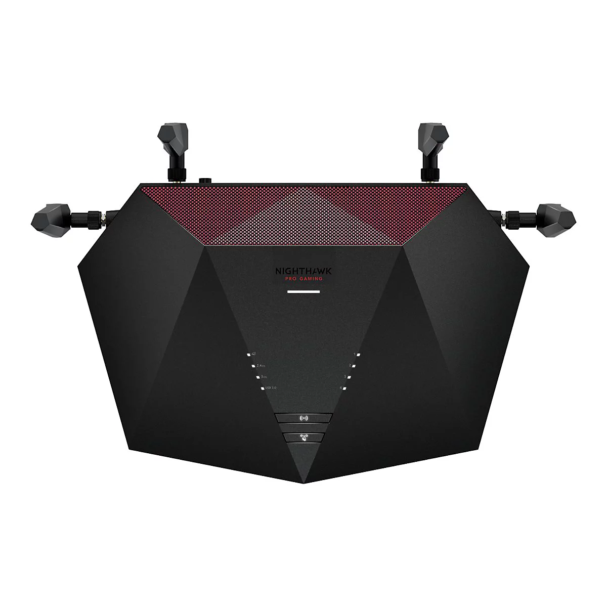 Schwarzer Router mit rotem Dach und mehreren Antennen. Aufschrift: NightHawk. Verschiedene LED-Lichter sind zu sehen.