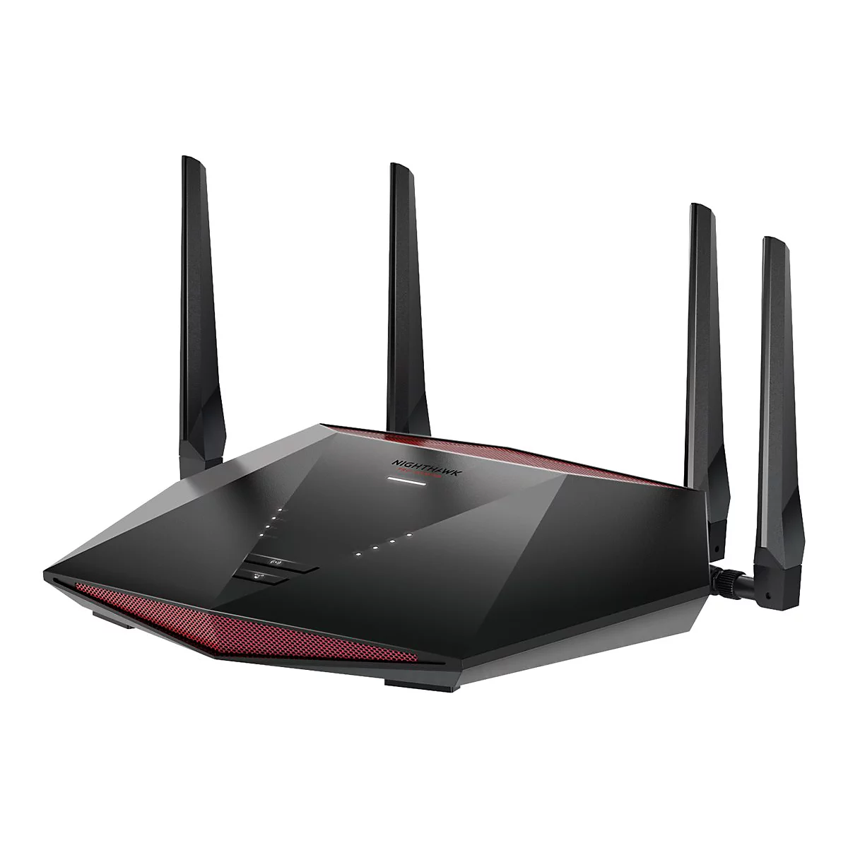 Schwarzer Router mit vier Antennen. Rote Akzente, Anzeigeleuchten.