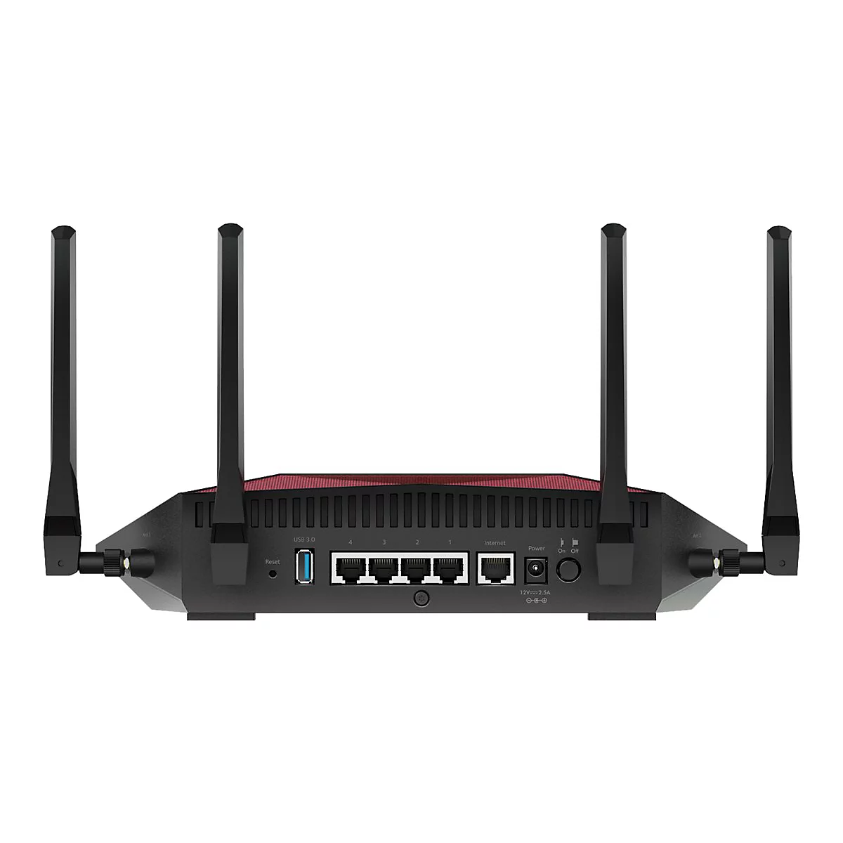 Schwarzer Router mit vier Antennen, RÃ¼ckseite. AnschlÃ¼sse fÃ¼r Netzwerk- und USB-Kabel sind sichtbar.