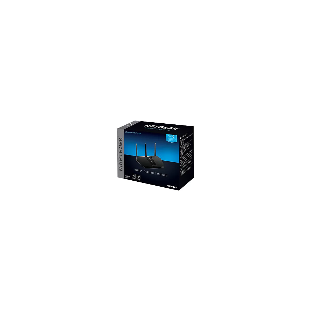 Netgear Nighthawk AX2400 WiFi 6 Router in seiner Produktverpackung vor weißem Hintergrund.