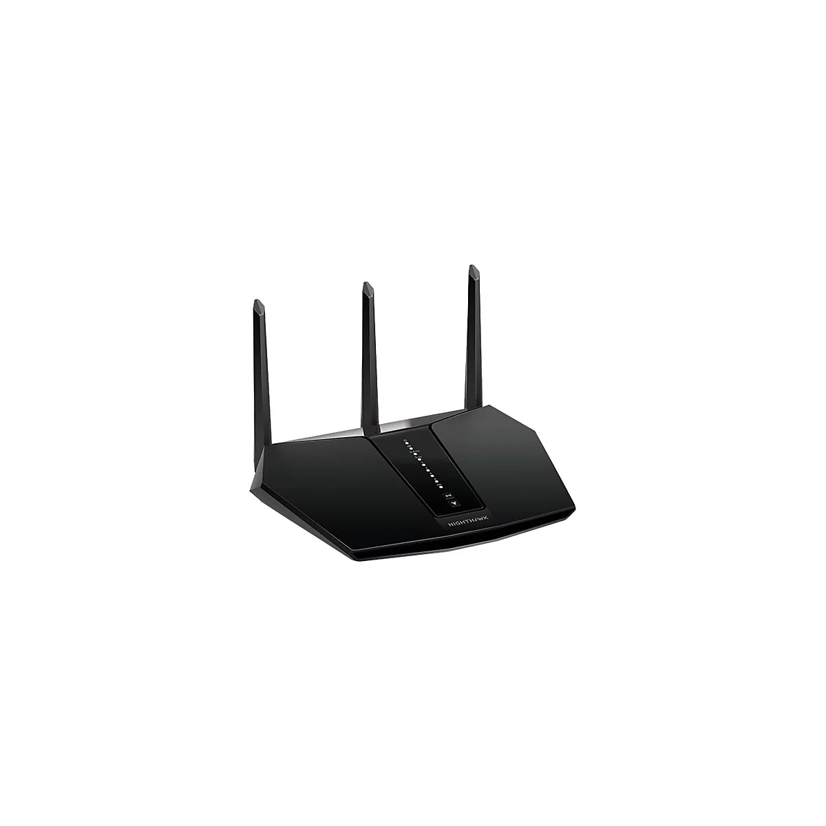 Schwarzer WLAN-Router mit drei Antennen, einer Reihe von LEDs und der Aufschrift "Nighthawk".