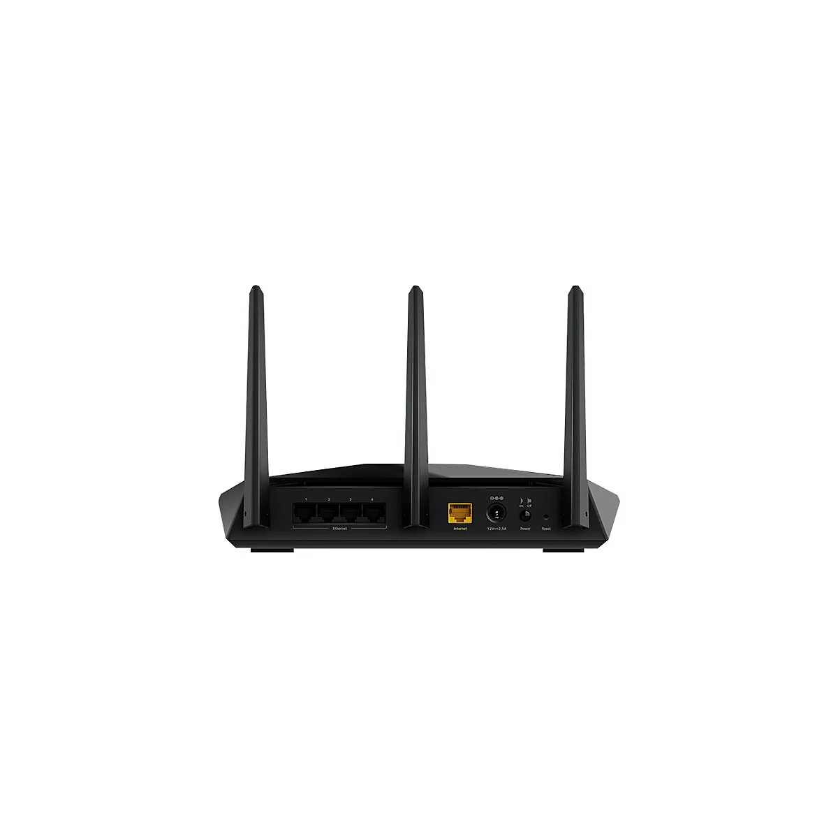 Schwarzer WLAN-Router mit drei Antennen, Anschlüssen für Ethernet und Internet.