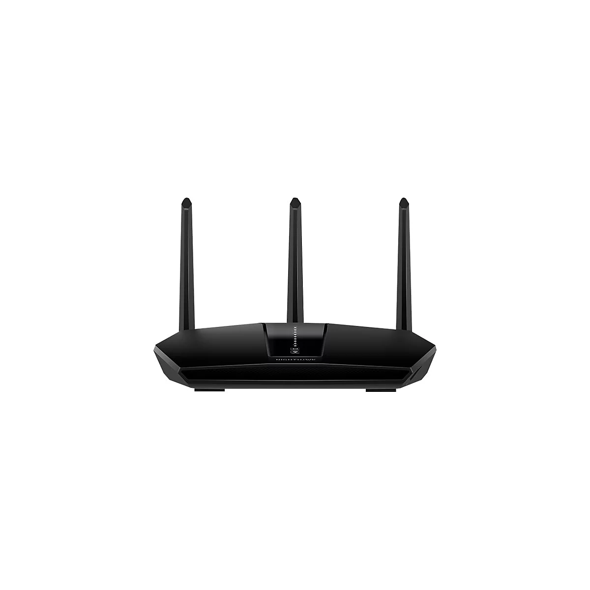 Schwarzer Router mit drei Antennen, Nighthawk-Logo sichtbar.