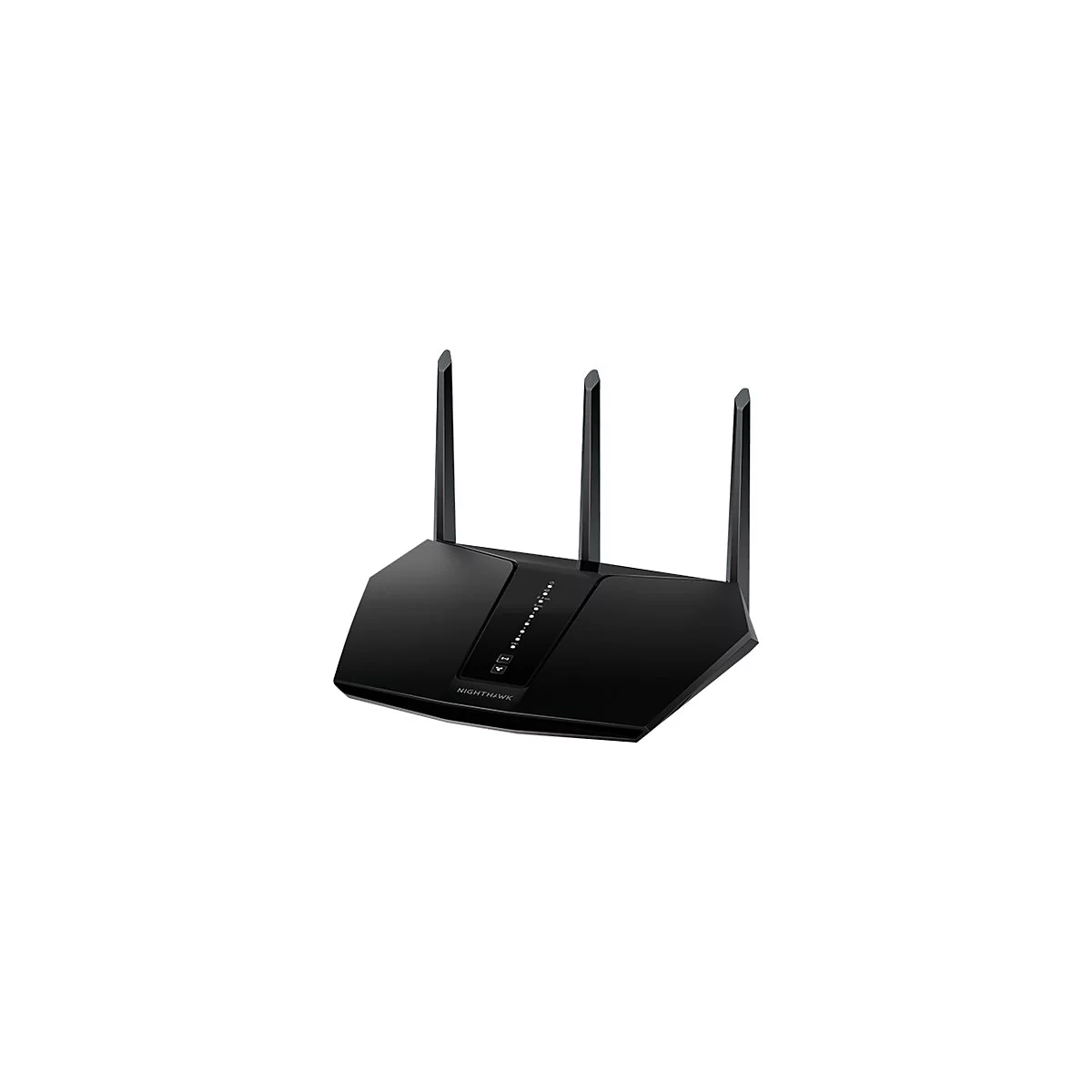 Schwarzer Nighthawk-Router mit drei Antennen, weißem LED-Licht und Schriftzug. Auf neutralem Hintergrund.