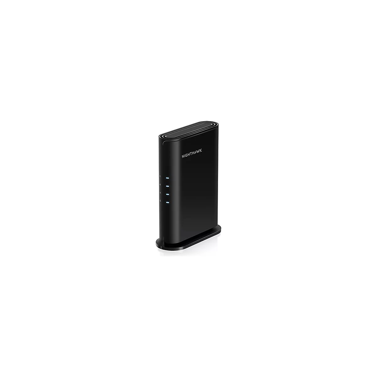 Ein schwarzer Nighthawk-Router steht aufrecht. Vier blaue Lichter und der Schriftzug Nighthawk sind sichtbar.