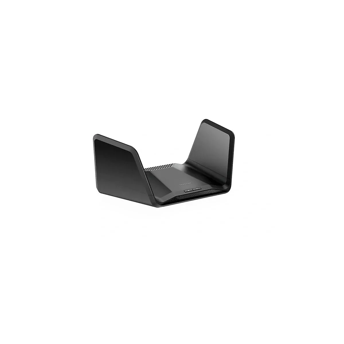 Schwarzer WLAN-Router mit modernem, flügelartigem Design vor weißem Hintergrund.